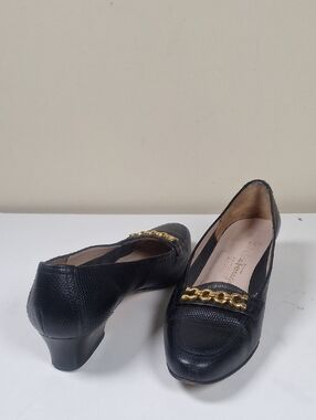 Salvatore Ferragamo Gancini Chain Detail Embossed  Block Heel Pumps Size 6.5